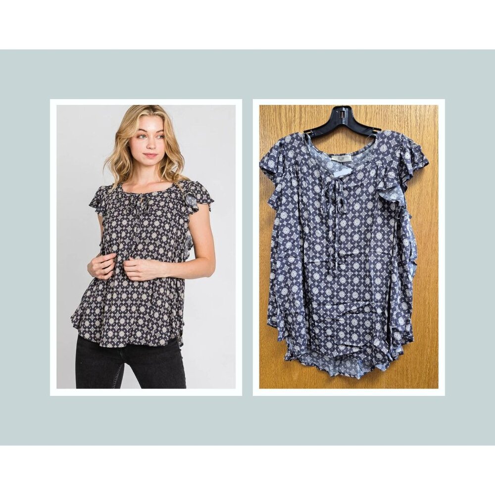 Jade By Jane Women's Navy & White Boho Floral Ruffle Sleeve Blouse Size Large